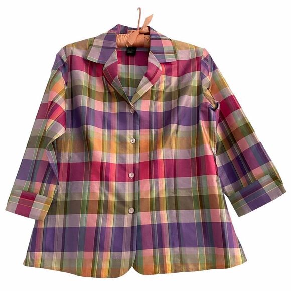 Vintage Karen Arnold Plaid Silk Blouse Rainbow S - Picture 1 of 6